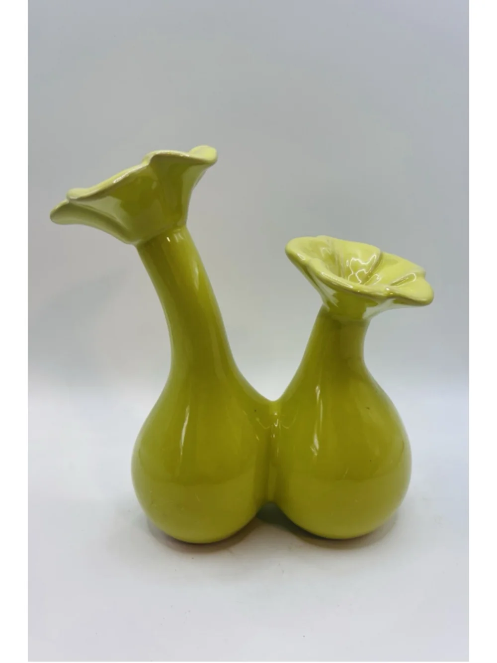 Vintage Chartreuse Double Bulb Ceramic Vase Yellow Green Whimsical Two Stem